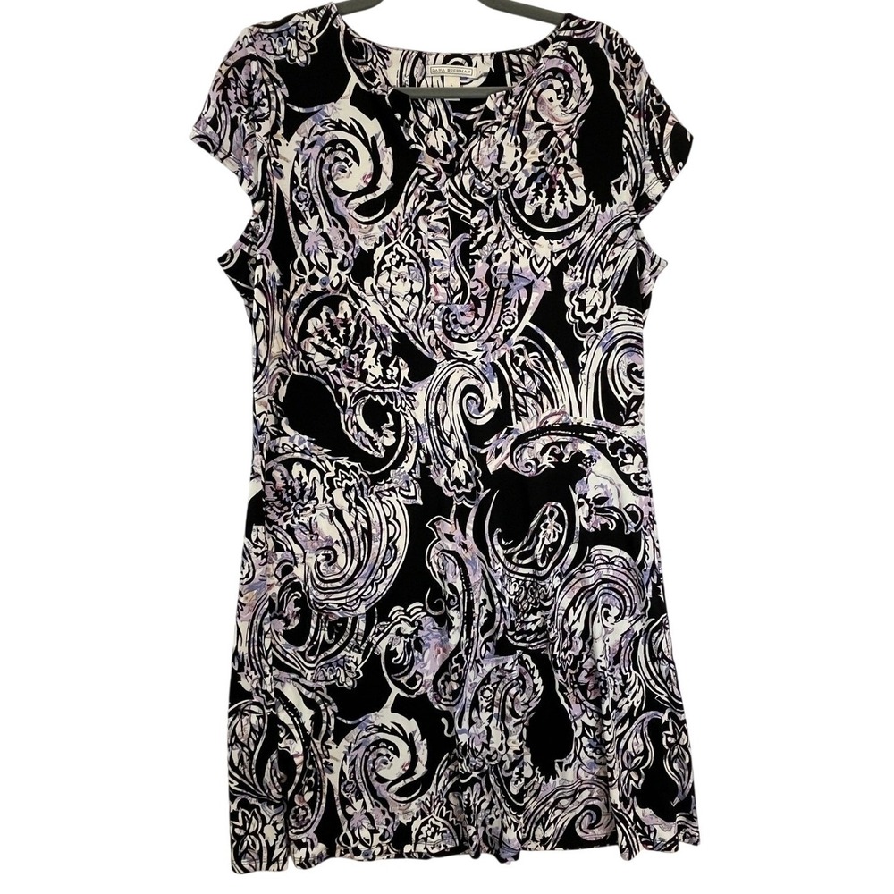 Dana Buchman Abstract Paisley Short Cap Sleeve A-Line Black Purple White Size L